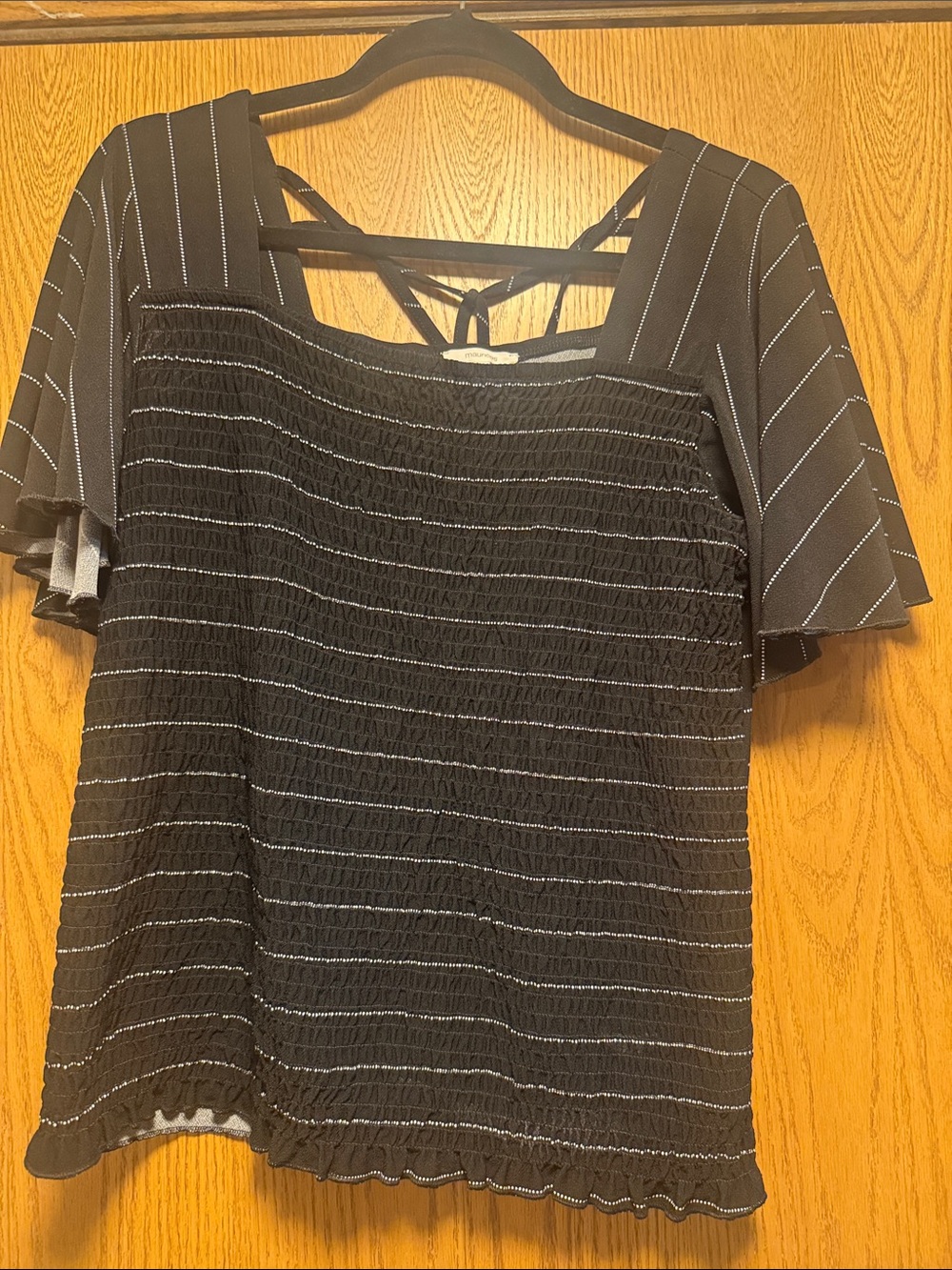 Maurices Black Striped Smocked Short-Sleeve Blouse